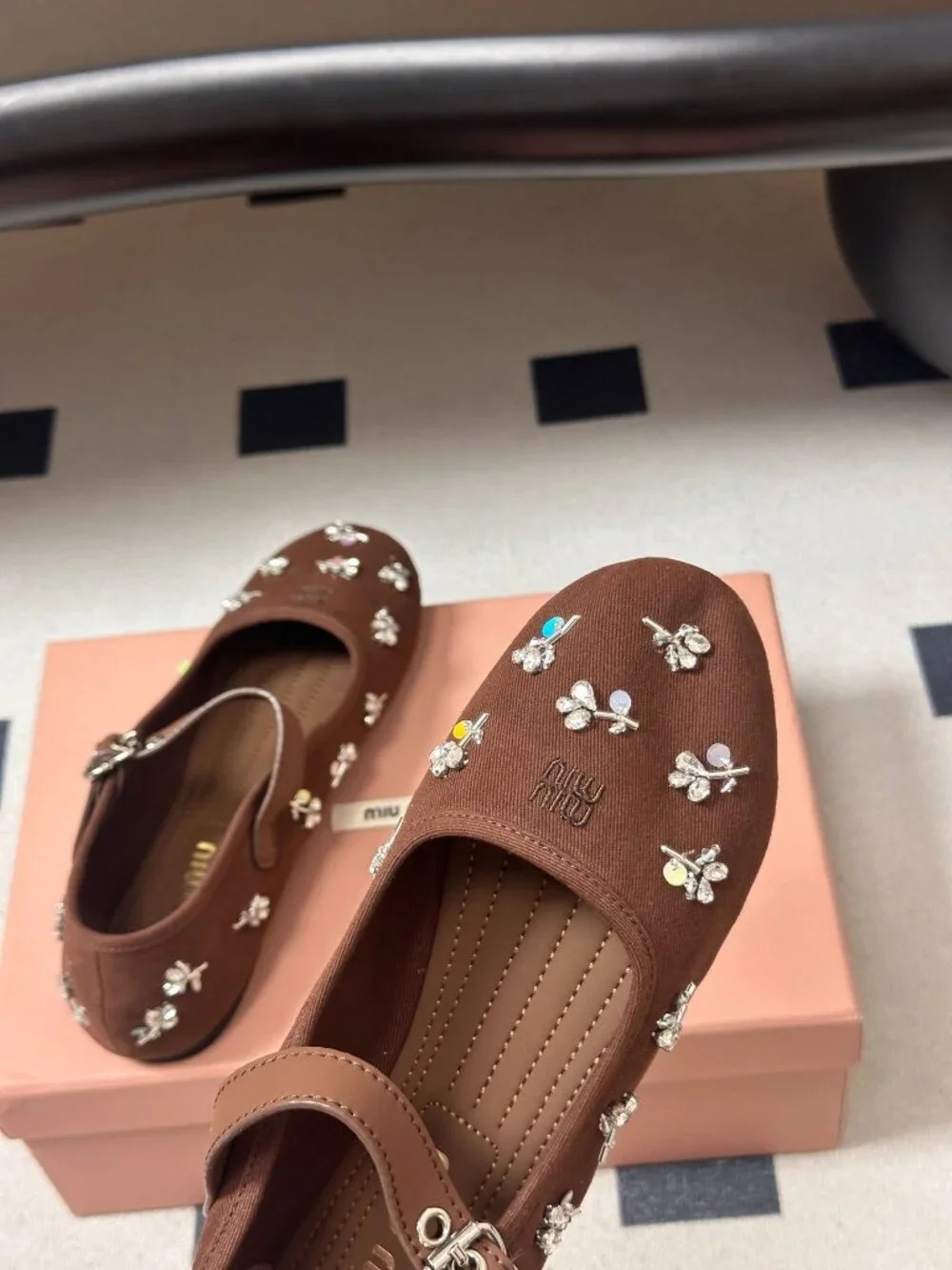 Miu Miu Brown Rhinestone-Embellished Mary Jane Ballet Flats - Picture 5 of 8